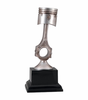 6-3/4 INCH ANTIQUE SILVER RESIN AUTO PISTON TROPHY ON BLACK BASE