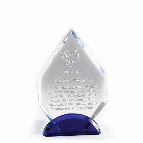 6-3/4 INCH ARROWHEAD CRYSTAL AWARD WITH DOUBLE BLUE BASE 