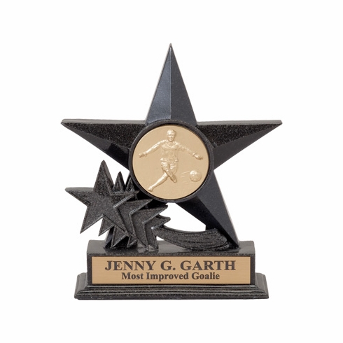 6-3/4 INCH BLACK CAST STONE STAR AWARD, HOLDS 2 INCH INSERT