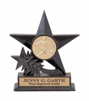 6-3/4 INCH BLACK CAST STONE STAR AWARD, HOLDS 2 INCH INSERT