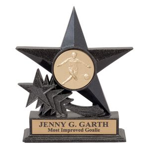 6-3/4 INCH BLACK CAST STONE STAR AWARD, HOLDS 2 INCH INSERT