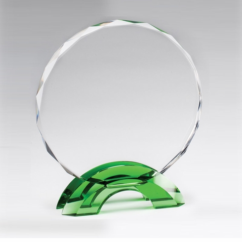6 3/4 INCH GREEN DOUBLE ARCH BASE WITH CUT & BEVELED CRYSTAL CIRCLE AWARD