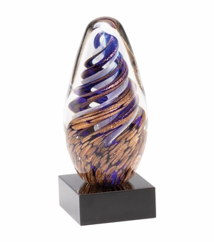 6-3/4 INCH HAND BLOWN BLUE AND GOLD GLASS AWARD WITH SWIRL PATTERN ON A BLACK CRYSTAL BASE