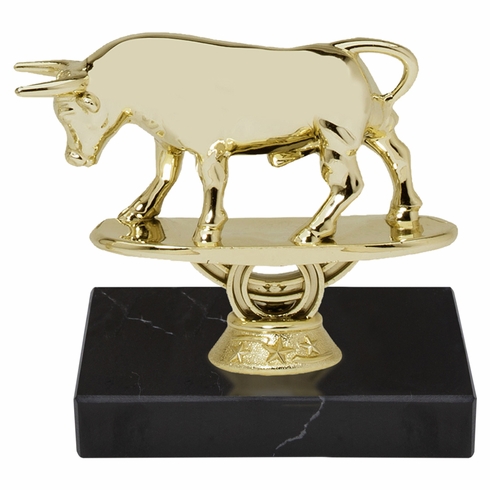 6-3/4 INCH RAGING BULL ANIMAL GOLD TROPHY ON BLACK MARBLE BASE