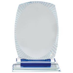 6-3/4 x 4-3/4 INCH AURORA BLUE OPTICAL CRYSTAL AWARD BLUE BASE FROSTED DECORATIVE EDGE