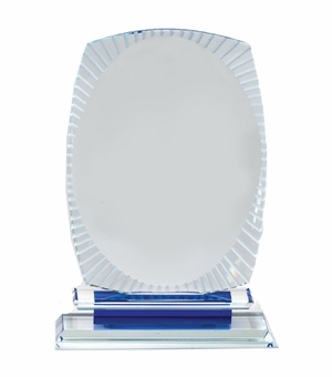 6-3/4 x 4-3/4 INCH AURORA BLUE OPTICAL CRYSTAL AWARD BLUE BASE FROSTED DECORATIVE EDGE