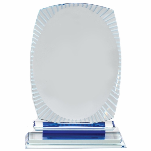 6-3/4 x 4-3/4 INCH AURORA BLUE OPTICAL CRYSTAL AWARD BLUE BASE FROSTED DECORATIVE EDGE