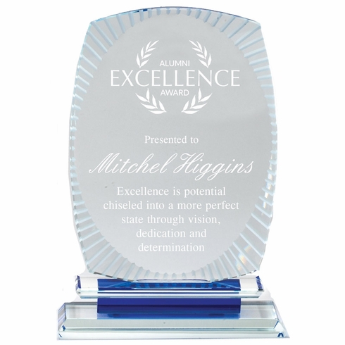 6-3/4 x 4-3/4 INCH AURORA BLUE OPTICAL CRYSTAL AWARD BLUE BASE FROSTED DECORATIVE EDGE