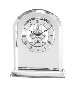 6-3/4 X 5-1/2 INCH SKELETON ARCHED OPTICAL CRYSTAL CLOCK