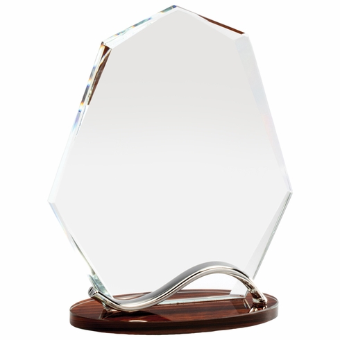 6-3/4 x 5-1/4 INCH OPTICAL CRYSTAL ARROW HEAD AWARD WITH BEVELED EDGES ON WOOD GRAIN BASE