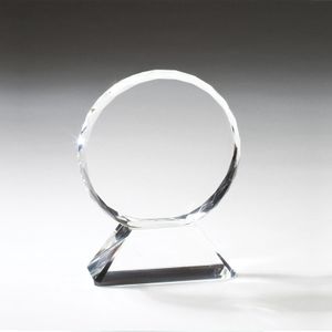6 INCH CRYSTAL BEVELED AND FACETED CIRCLE ON TRIANGULAR BASE.