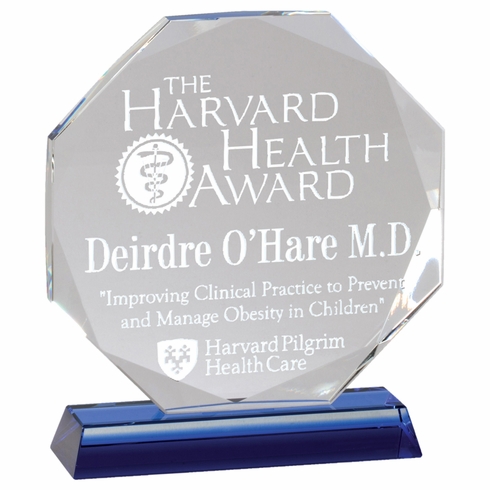 6-3/4 x 6 INCH OCTAGON OPTICAL CRYSTAL AWARD ON A BLUE CRYSTAL BASE