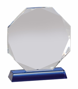 6-3/4 x 6 INCH OCTAGON OPTICAL CRYSTAL AWARD ON A BLUE CRYSTAL BASE