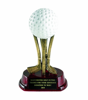 6-5/8 INCH RESIN GOLF BALL ON CLUBS TROPHY