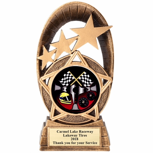 6" GOLD STAR RESIN AUTO RACER TROPHY FULL COLOR INSERT
