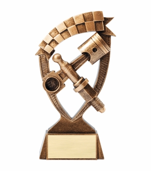 6 INCH ANTIQUE GOLD BANNER AUTO RACING RESIN TROPHY