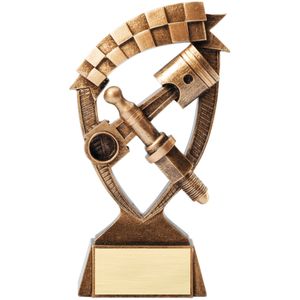 6 INCH ANTIQUE GOLD BANNER AUTO RACING RESIN TROPHY