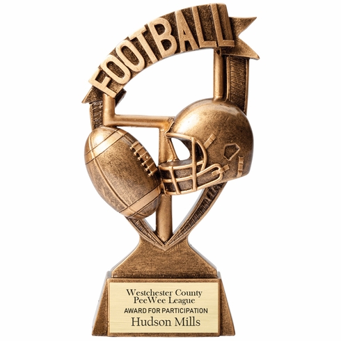 6 INCH ANTIQUE GOLD BANNER FOOTBALL RESIN TROPHY