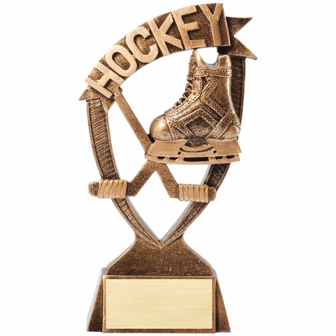 6 INCH ANTIQUE GOLD BANNER HOCKEY RESIN TROPHY