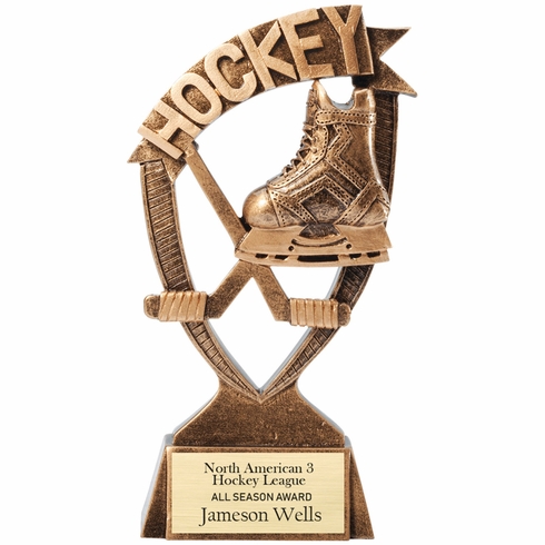 6 INCH ANTIQUE GOLD BANNER HOCKEY RESIN TROPHY