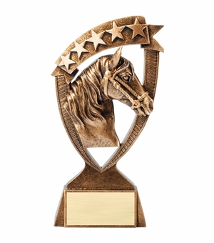 6 INCH ANTIQUE GOLD BANNER HORSE WITH STAR RESIN TROPHY