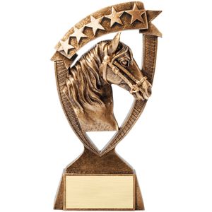 6 INCH ANTIQUE GOLD BANNER HORSE WITH STAR RESIN TROPHY