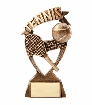 6 INCH ANTIQUE GOLD BANNER TENNIS RESIN TROPHY