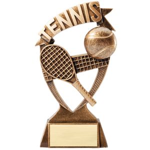 6 INCH ANTIQUE GOLD BANNER TENNIS RESIN TROPHY