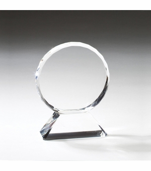 6 INCH CRYSTAL BEVELED AND FACETED CIRCLE ON TRIANGULAR BASE.