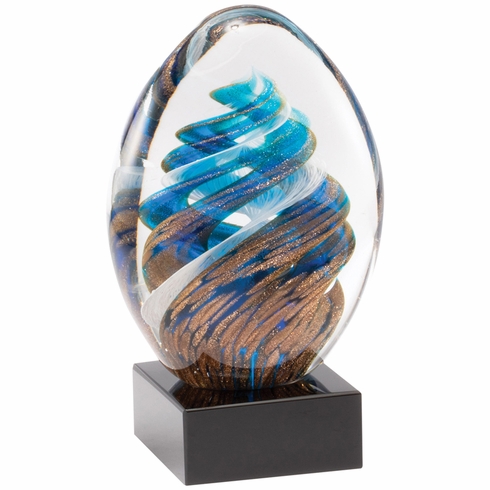 6 INCH HAND BLOWN BLUE AND GOLD GLASS AWARD WITH SWIRL PATTERN ON A BLACK CRYSTAL BASE