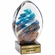 6 INCH HAND BLOWN BLUE AND GOLD GLASS AWARD WITH SWIRL PATTERN ON A BLACK CRYSTAL BASE