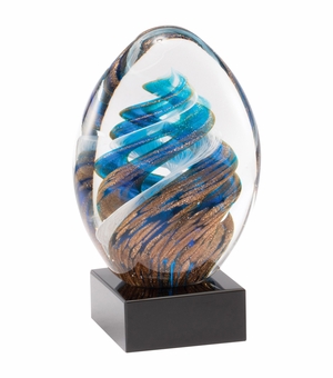 6 INCH HAND BLOWN BLUE AND GOLD GLASS AWARD WITH SWIRL PATTERN ON A BLACK CRYSTAL BASE