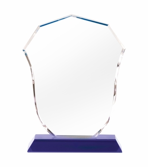 6 INCH OPTICAL CRYSTAL POLICE SHIELD AWARD ON BLUE CRYSTAL BASE