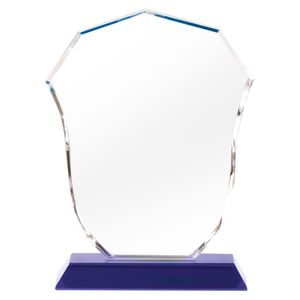 6 INCH OPTICAL CRYSTAL POLICE SHIELD AWARD ON BLUE CRYSTAL BASE