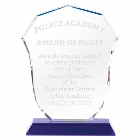 6 INCH OPTICAL CRYSTAL POLICE SHIELD AWARD ON BLUE CRYSTAL BASE