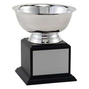 6 INCH PAUL REVERE SILVER BOWL ON BLACK WOOD BASE