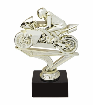6 INCH RACING MOTORCYCLE GOLD FIGURE ON BLACK MARBLE BASE