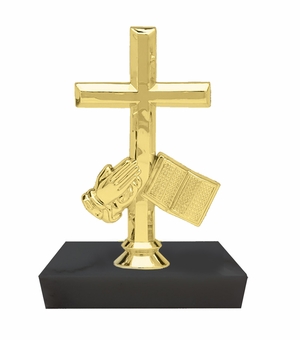 6 INCH RELIGIOUS CROSS BIBLE PRAYING HAND TROPHY ON BLACK MARBLE BASE