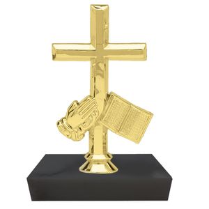 6 INCH RELIGIOUS CROSS BIBLE PRAYING HAND TROPHY ON BLACK MARBLE BASE