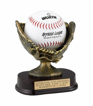 6  INCH RESIN SOFTBALL GLOVE ON BASE