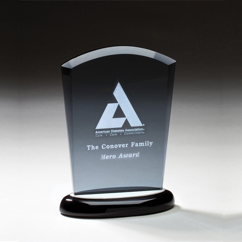 6 INCH SMOKED GLASS AWARD ON BLACK BASE WITH ALUMINUM ACCENTS
