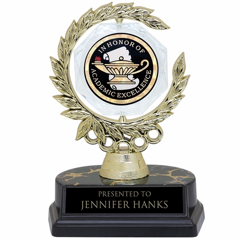 6 INCH SPINNER WREATH TROPHY HOLDS 2 INCH IN HONOR OF ACADEMIC ACHIEVEMENT INSERT