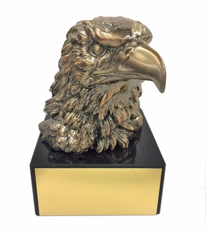 6 INCH TROPHY HEIGHT ANTIQUE GOLD EAGLE HEAD ON BLACK MARBLE BASE