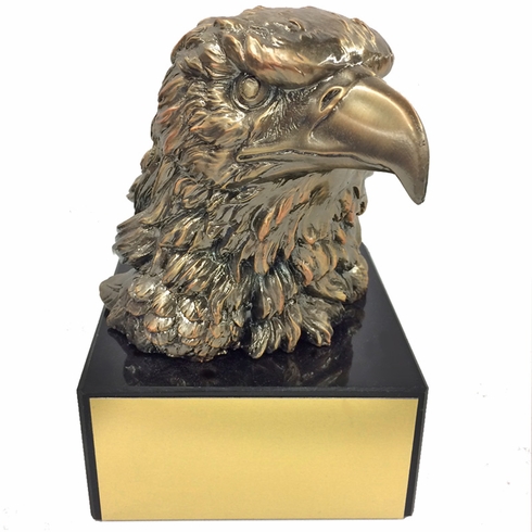 6 INCH TROPHY HEIGHT ANTIQUE GOLD EAGLE HEAD ON BLACK MARBLE BASE