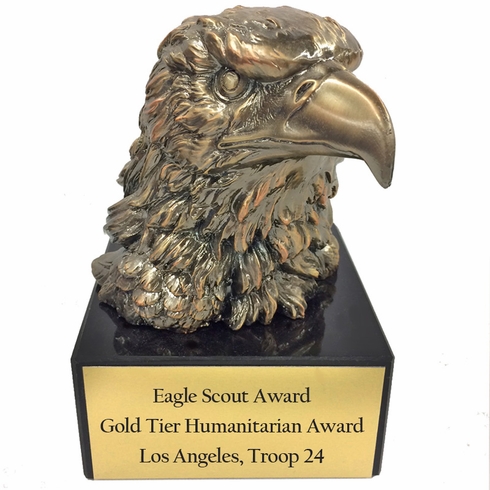 6 INCH TROPHY HEIGHT ANTIQUE GOLD EAGLE HEAD ON BLACK MARBLE BASE