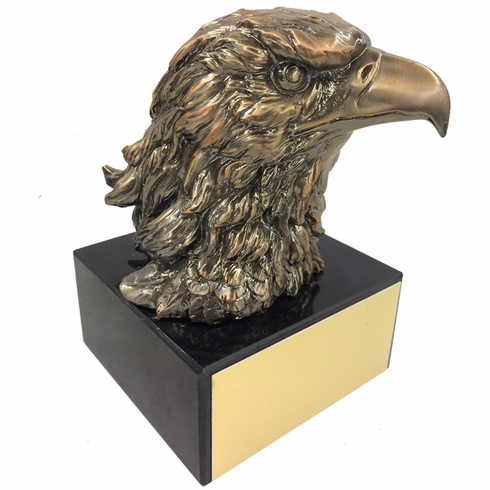 6 INCH TROPHY HEIGHT ANTIQUE GOLD EAGLE HEAD ON BLACK MARBLE BASE