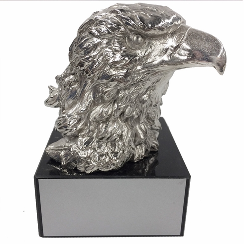 6 INCH TROPHY HEIGHT ANTIQUE SILVER EAGLE HEAD ON BLACK MARBLE BASE
