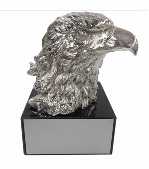 6 INCH TROPHY HEIGHT ANTIQUE SILVER EAGLE HEAD ON BLACK MARBLE BASE