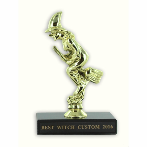 6 INCH WITCH ON BROOMSTICK TROPHY WITH BLACK MARBLE BASE