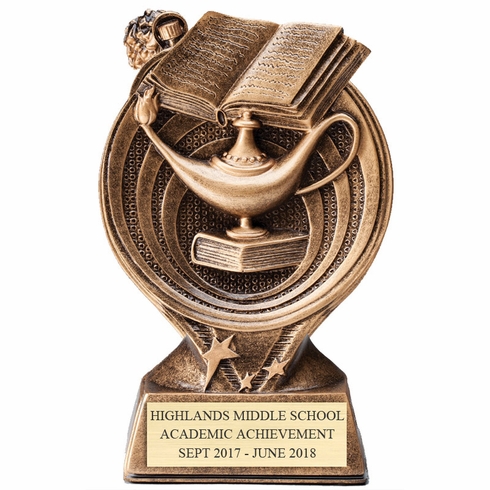 6" LAMP OF KNOWLEDGE RESIN TROPHY ANTIQUE GOLD FINISH
